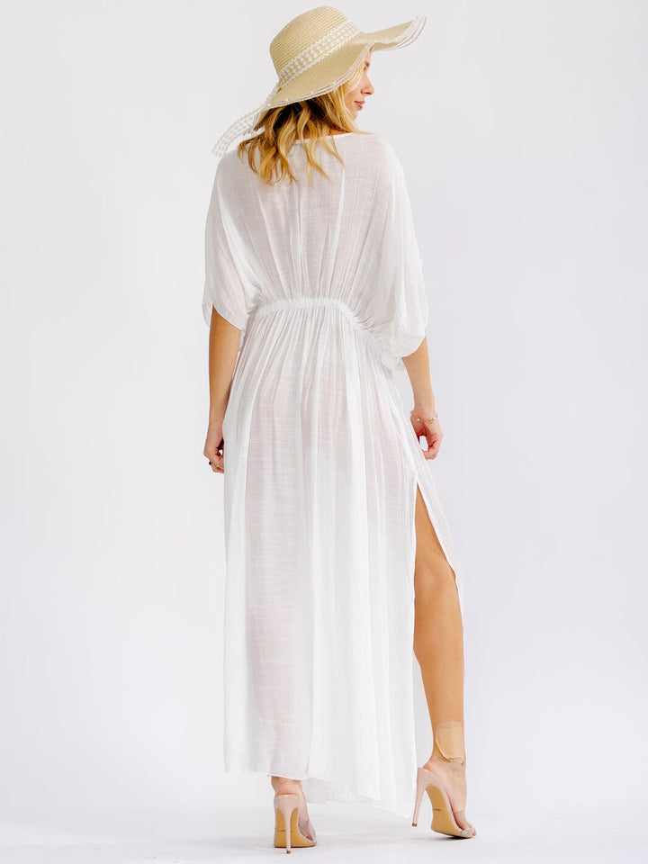WOMEN'S SHORT SLEEVE V-NECK ELASTIC WAIST SIDE SLIT CROCHET TRIM MAXI DRESS