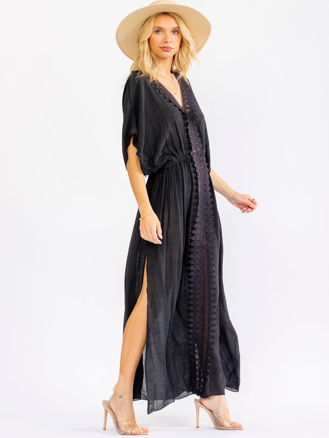 WOMEN'S SHORT SLEEVE V-NECK ELASTIC WAIST SIDE SLIT CROCHET TRIM MAXI DRESS