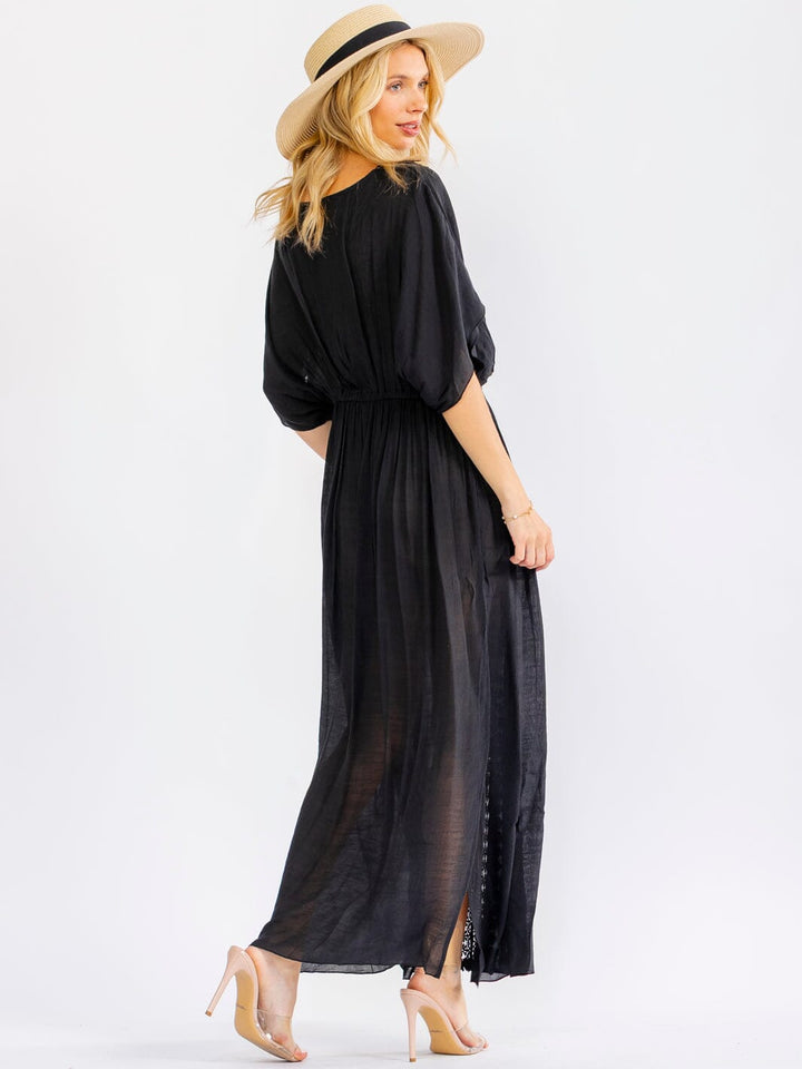 WOMEN'S SHORT SLEEVE V-NECK ELASTIC WAIST SIDE SLIT CROCHET TRIM MAXI DRESS