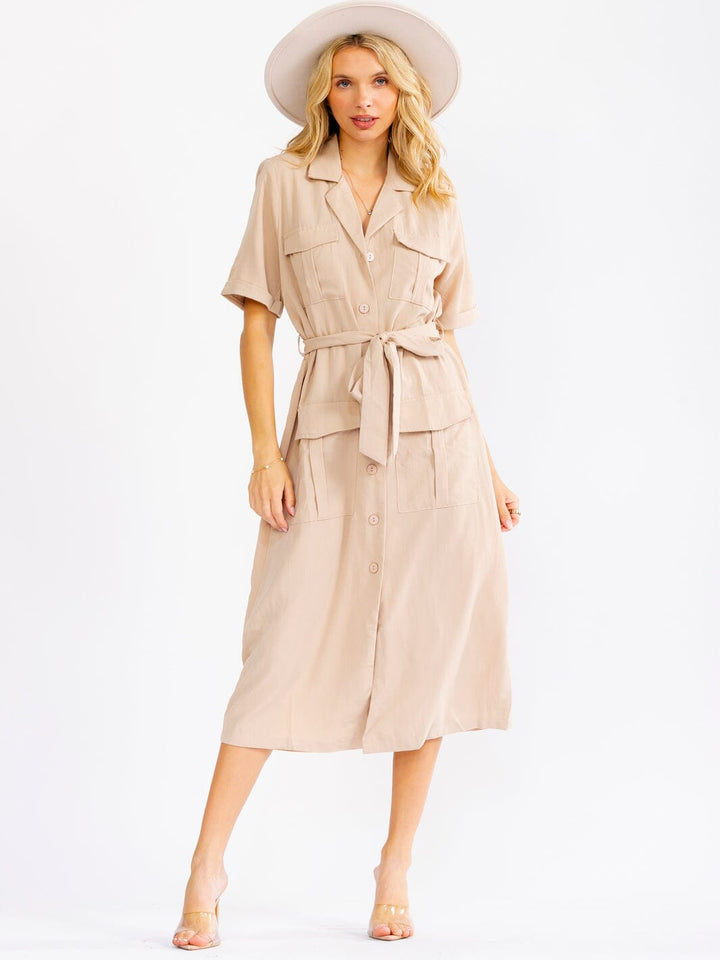 WOMEN'S SHORT SLEEVE BUTTON UP SELF TIE POCKETS MIDI DRESS