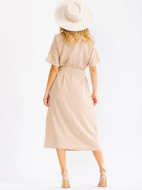 WOMEN'S SHORT SLEEVE BUTTON UP SELF TIE POCKETS MIDI DRESS