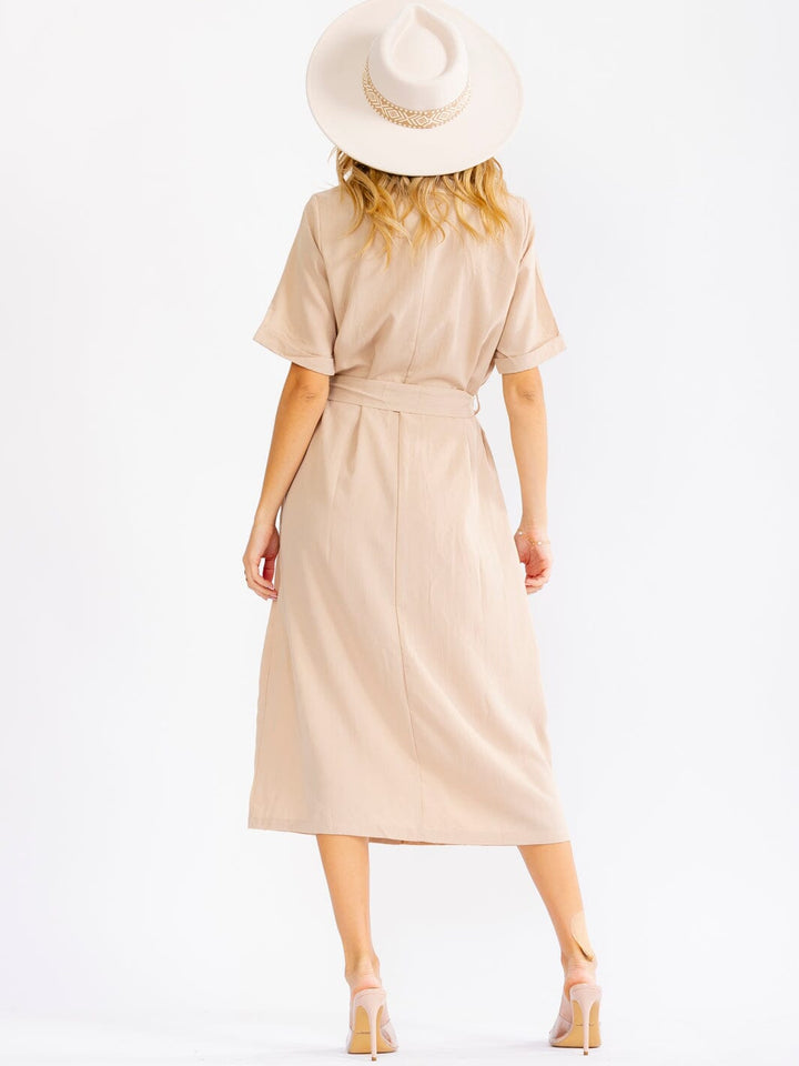 WOMEN'S SHORT SLEEVE BUTTON UP SELF TIE POCKETS MIDI DRESS