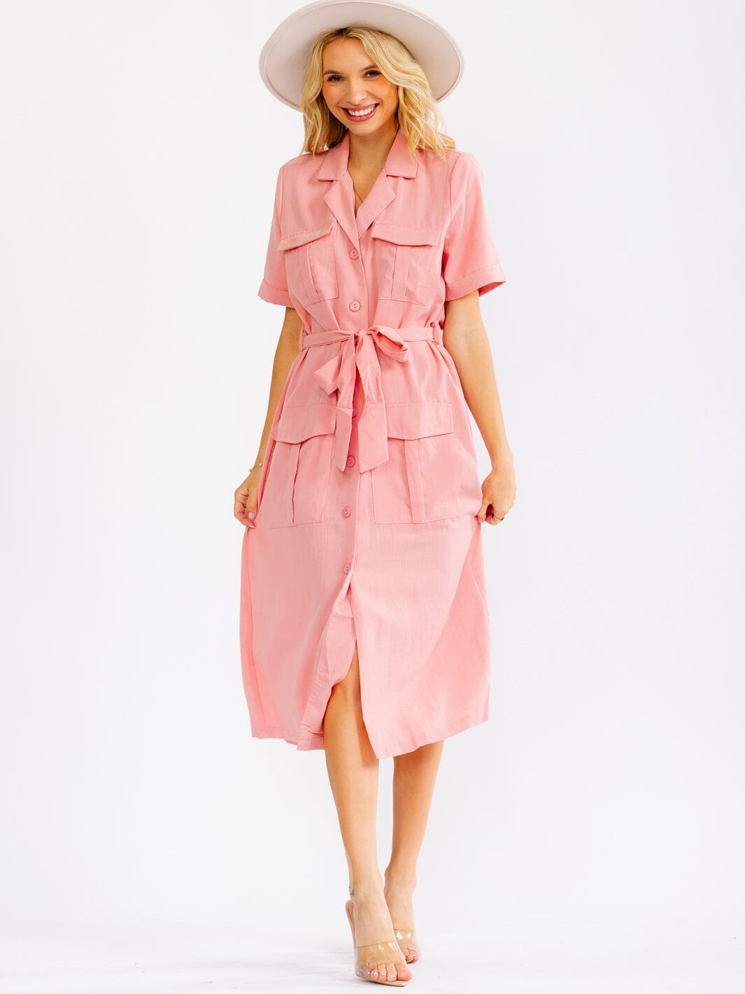 WOMEN'S SHORT SLEEVE BUTTON UP SELF TIE POCKETS MIDI DRESS
