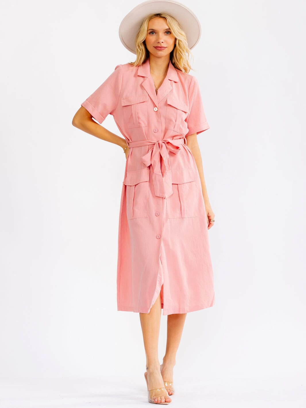 WOMEN'S SHORT SLEEVE BUTTON UP SELF TIE POCKETS MIDI DRESS
