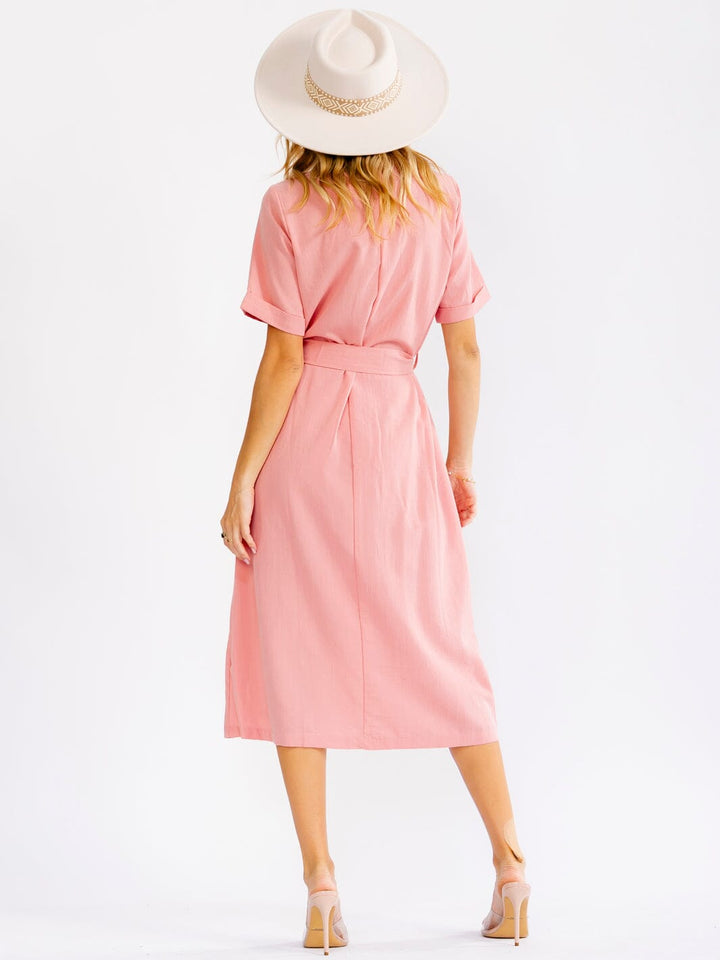 WOMEN'S SHORT SLEEVE BUTTON UP SELF TIE POCKETS MIDI DRESS