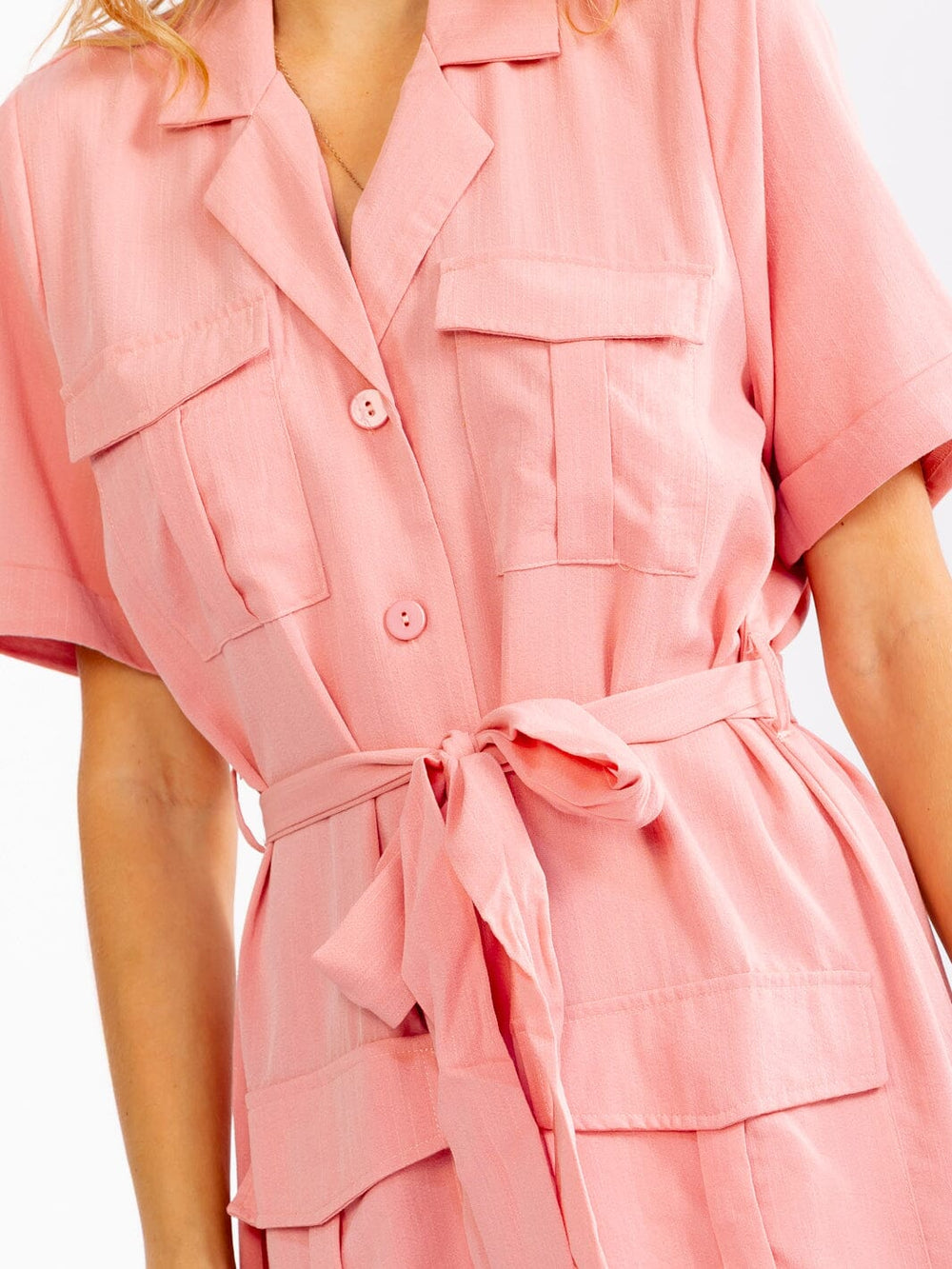 WOMEN'S SHORT SLEEVE BUTTON UP SELF TIE POCKETS MIDI DRESS