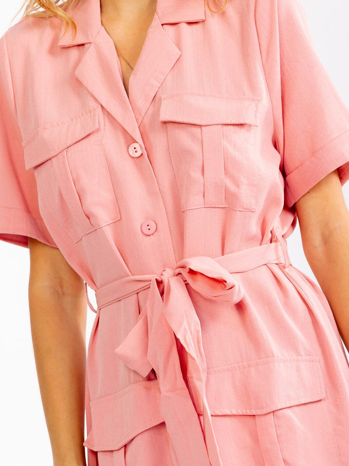 WOMEN'S SHORT SLEEVE BUTTON UP SELF TIE POCKETS MIDI DRESS