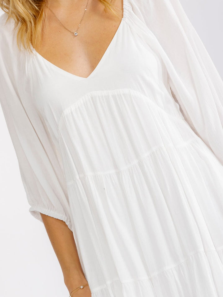 WOMEN'S SHORT SLEEVE V-NECK FRONT POCKETS TIERED TUNIC MINI DRESS