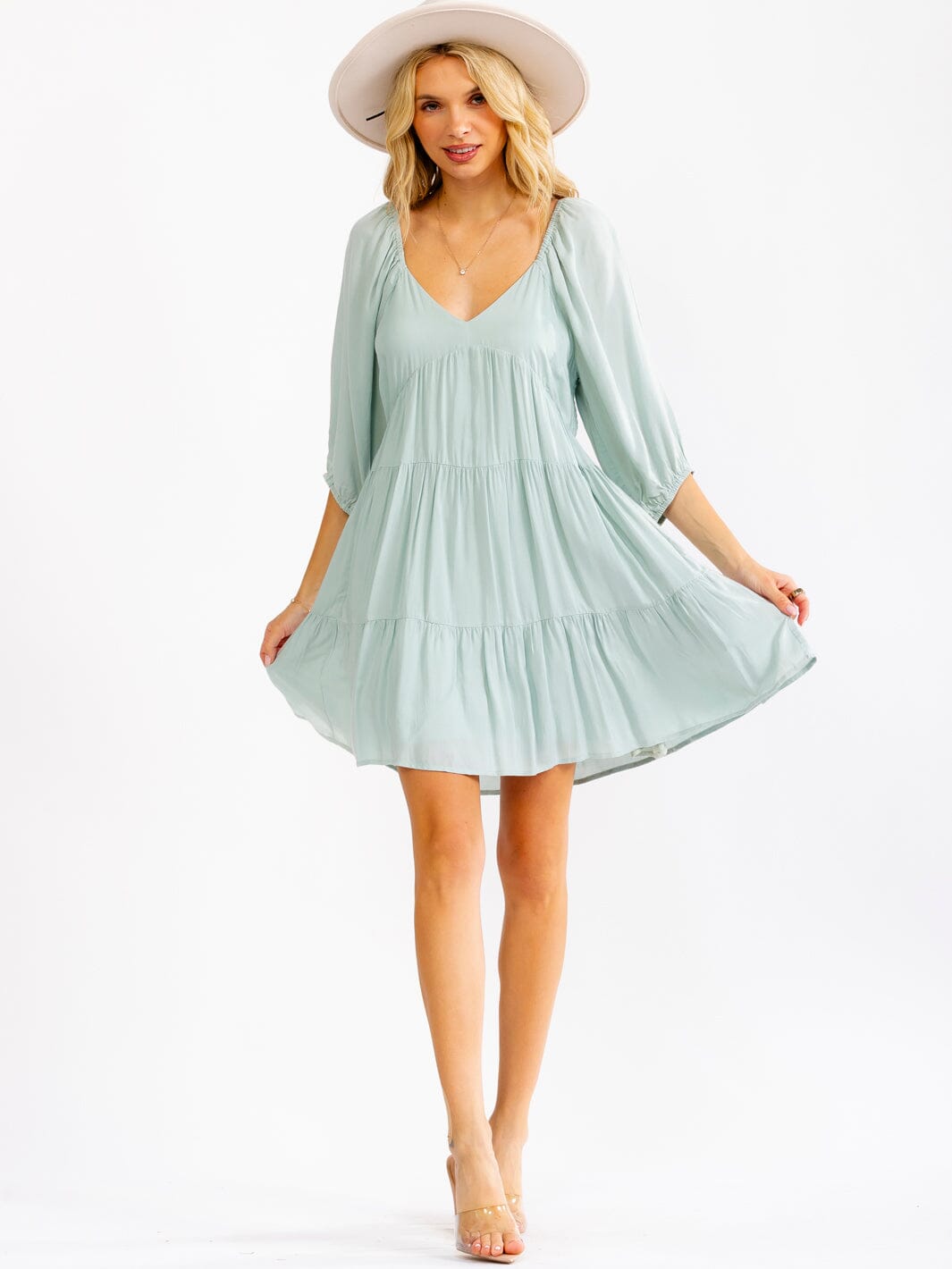 WOMEN'S SHORT SLEEVE V-NECK FRONT POCKETS TIERED TUNIC MINI DRESS