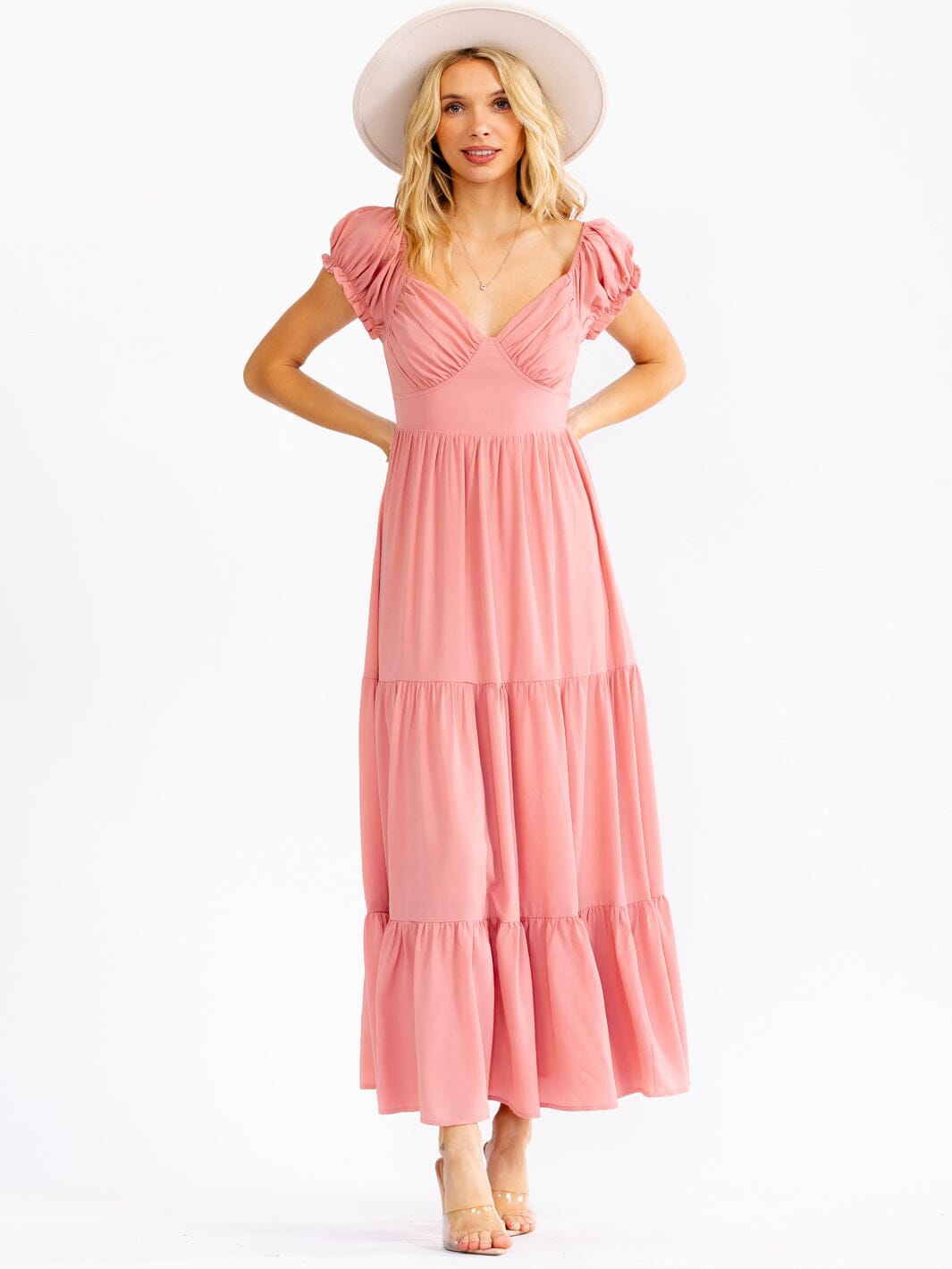 WOMEN'S SHORT PUFF SLEEVE V-NECK ELASTIC WAIST TIERED MAXI DRESS