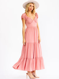 WOMEN'S SHORT PUFF SLEEVE V-NECK ELASTIC WAIST TIERED MAXI DRESS