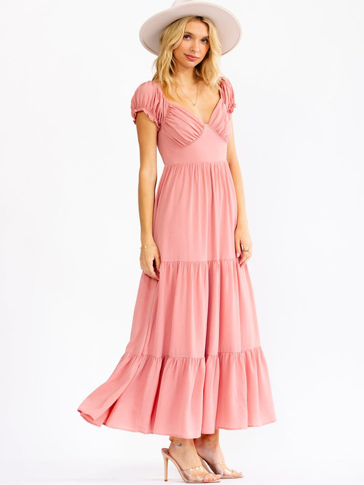WOMEN'S SHORT PUFF SLEEVE V-NECK ELASTIC WAIST TIERED MAXI DRESS