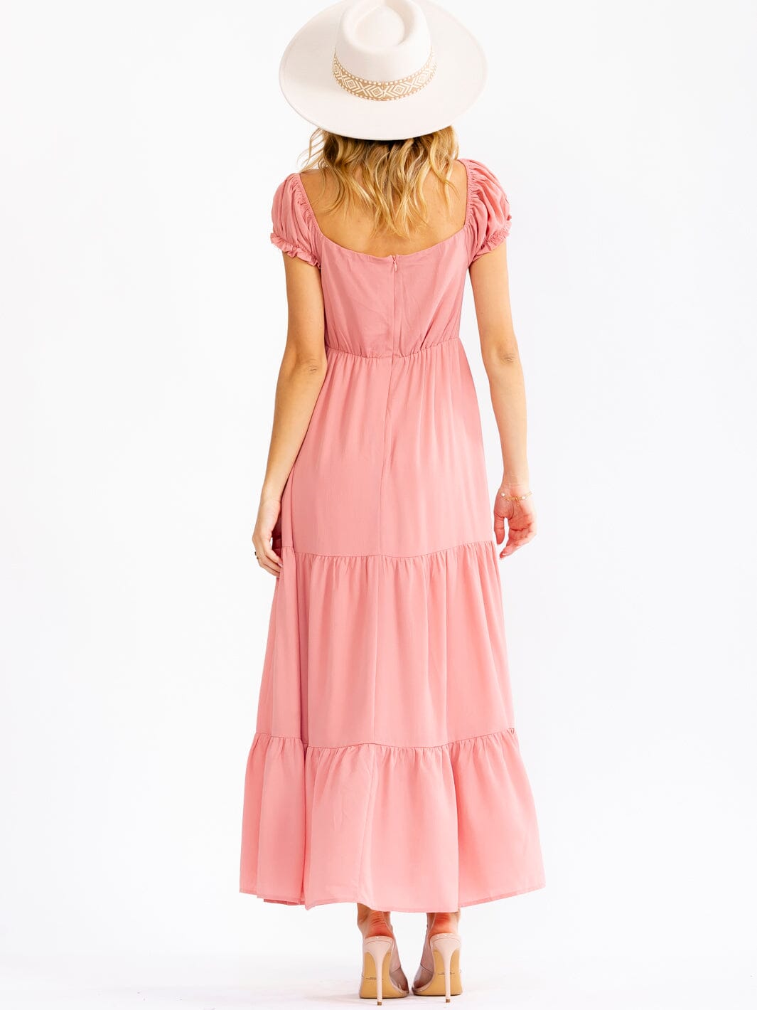 WOMEN'S SHORT PUFF SLEEVE V-NECK ELASTIC WAIST TIERED MAXI DRESS
