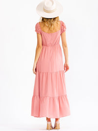 WOMEN'S SHORT PUFF SLEEVE V-NECK ELASTIC WAIST TIERED MAXI DRESS