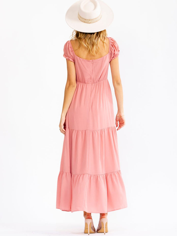 WOMEN'S SHORT PUFF SLEEVE V-NECK ELASTIC WAIST TIERED MAXI DRESS