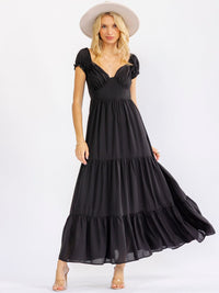 WOMEN'S SHORT PUFF SLEEVE V-NECK ELASTIC WAIST TIERED MAXI DRESS