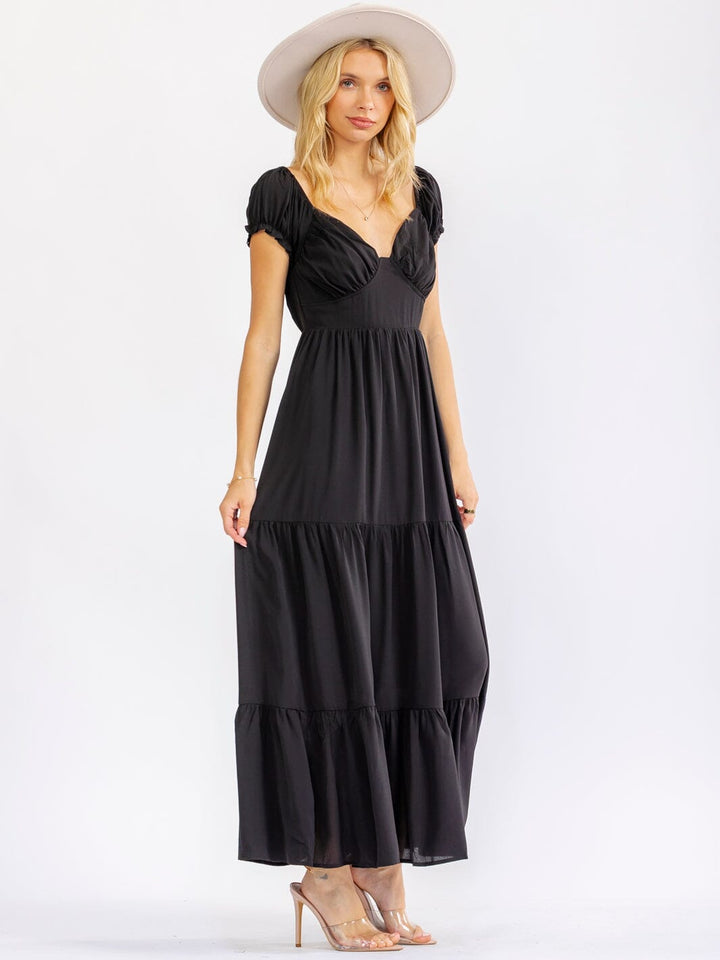 WOMEN'S SHORT PUFF SLEEVE V-NECK ELASTIC WAIST TIERED MAXI DRESS