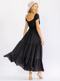 WOMEN'S SHORT PUFF SLEEVE V-NECK ELASTIC WAIST TIERED MAXI DRESS