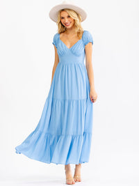 WOMEN'S SHORT PUFF SLEEVE V-NECK ELASTIC WAIST TIERED MAXI DRESS