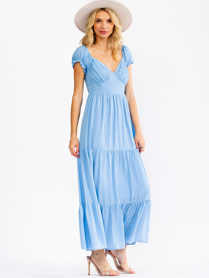 WOMEN'S SHORT PUFF SLEEVE V-NECK ELASTIC WAIST TIERED MAXI DRESS
