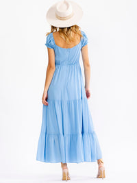 WOMEN'S SHORT PUFF SLEEVE V-NECK ELASTIC WAIST TIERED MAXI DRESS