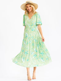 WOMEN'S SHORT SLEEVE V-NECK ELASTIC WAIST MULTI PRINT MAXI DRESS