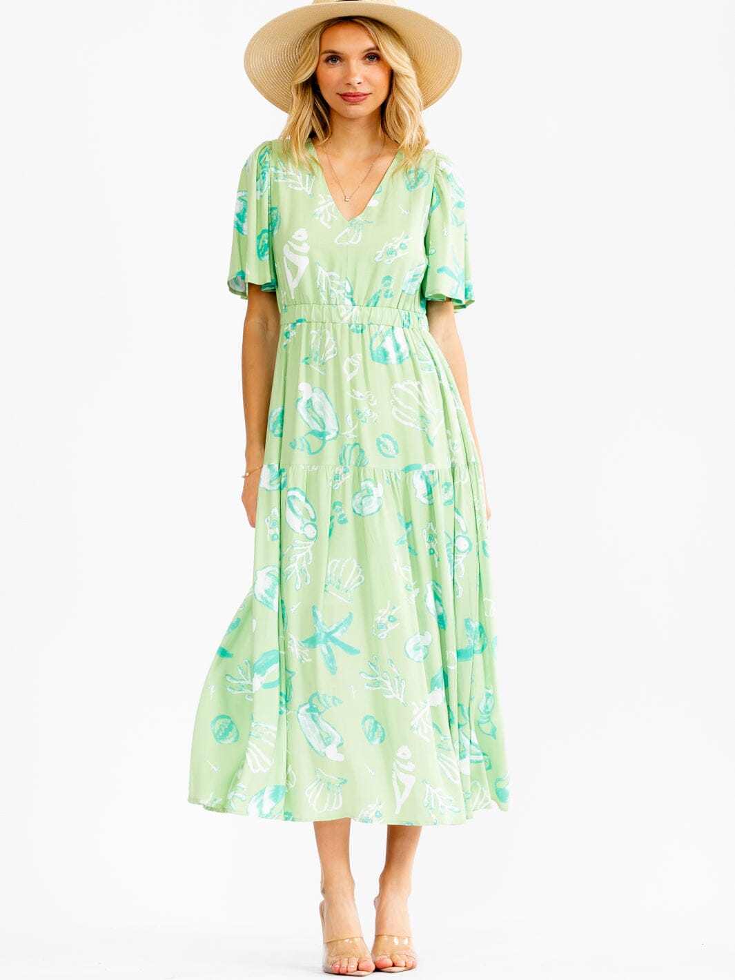 WOMEN'S SHORT SLEEVE V-NECK ELASTIC WAIST MULTI PRINT MAXI DRESS