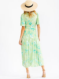 WOMEN'S SHORT SLEEVE V-NECK ELASTIC WAIST MULTI PRINT MAXI DRESS