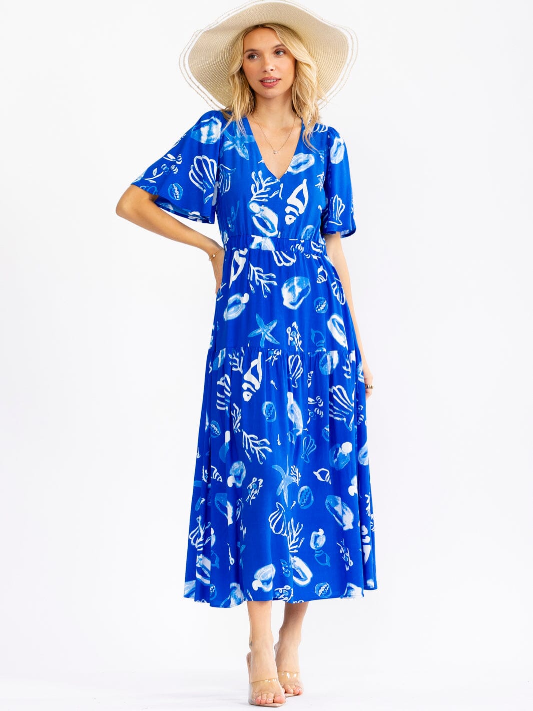 WOMEN'S SHORT SLEEVE V-NECK ELASTIC WAIST MULTI PRINT MAXI DRESS