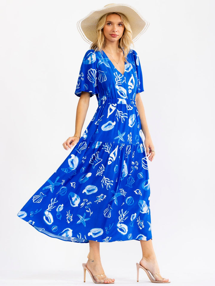 WOMEN'S SHORT SLEEVE V-NECK ELASTIC WAIST MULTI PRINT MAXI DRESS