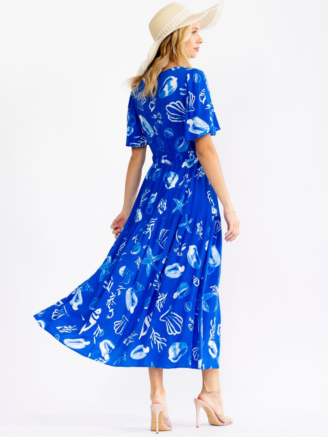 WOMEN'S SHORT SLEEVE V-NECK ELASTIC WAIST MULTI PRINT MAXI DRESS