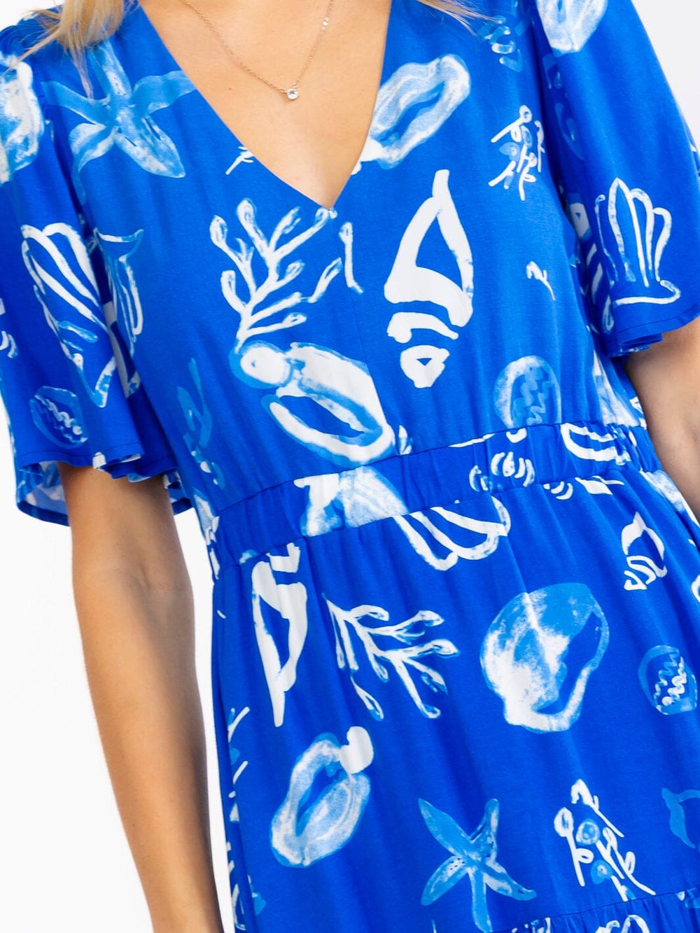 WOMEN'S SHORT SLEEVE V-NECK ELASTIC WAIST MULTI PRINT MAXI DRESS