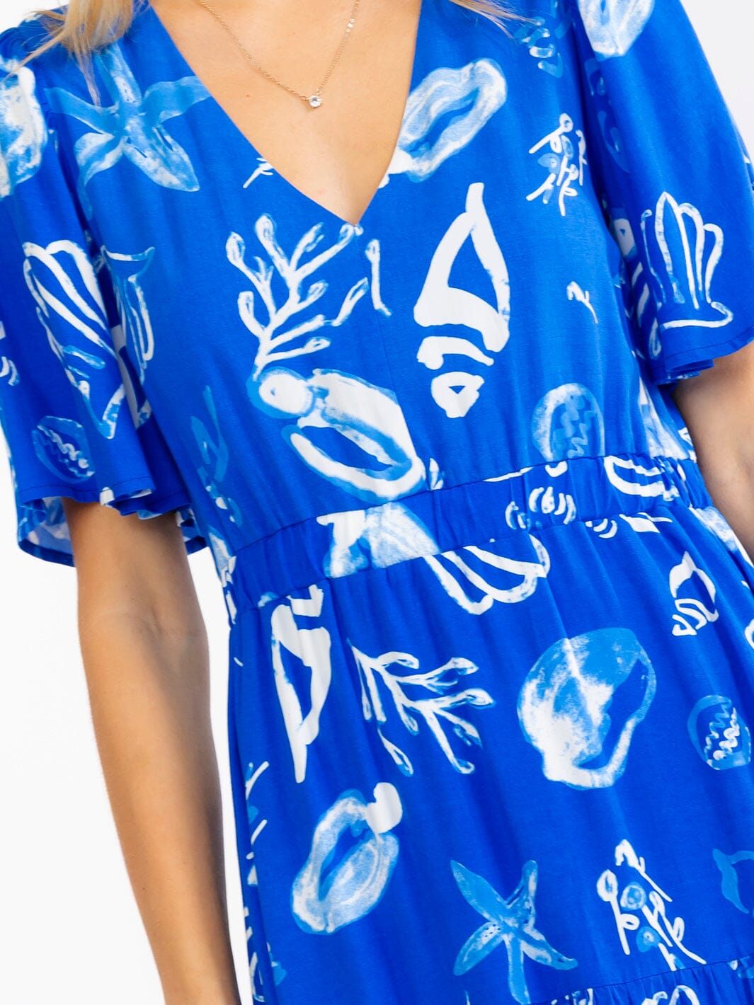 WOMEN'S SHORT SLEEVE V-NECK ELASTIC WAIST MULTI PRINT MAXI DRESS