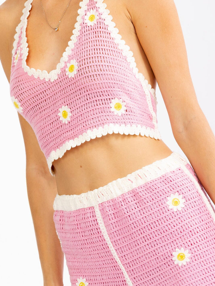 WOMEN'S SLEEVELESS CROP TOP & ELASTIC WAIST SHORTS COLORBLOCK CROCHET 2PC. SET