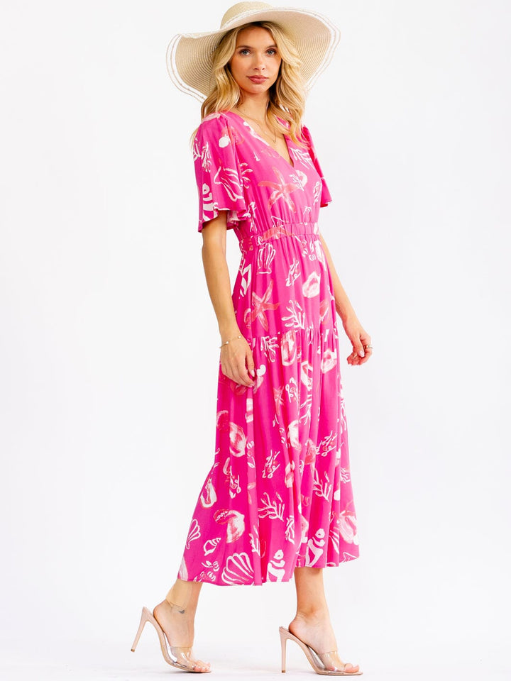 WOMEN'S SHORT SLEEVE V-NECK ELASTIC WAIST MULTI PRINT MAXI DRESS