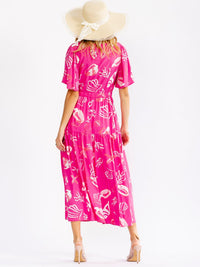 WOMEN'S SHORT SLEEVE V-NECK ELASTIC WAIST MULTI PRINT MAXI DRESS