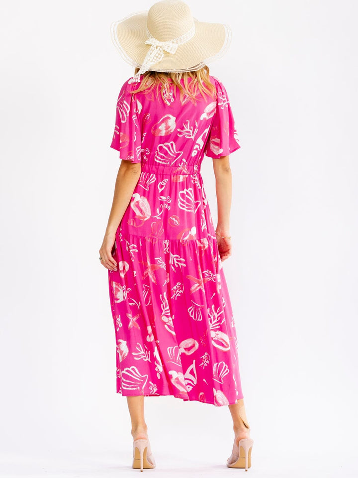WOMEN'S SHORT SLEEVE V-NECK ELASTIC WAIST MULTI PRINT MAXI DRESS