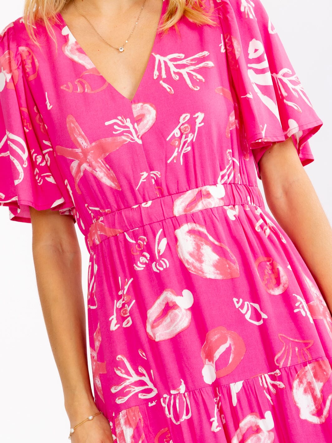 WOMEN'S SHORT SLEEVE V-NECK ELASTIC WAIST MULTI PRINT MAXI DRESS