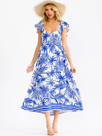 WOMEN'S RUFFLE SLEEVE V-NECK OPEN BACK ELASTIC WAIST LEAF PRINT MAXI DRESS
