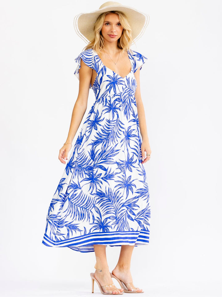 WOMEN'S RUFFLE SLEEVE V-NECK OPEN BACK ELASTIC WAIST LEAF PRINT MAXI DRESS