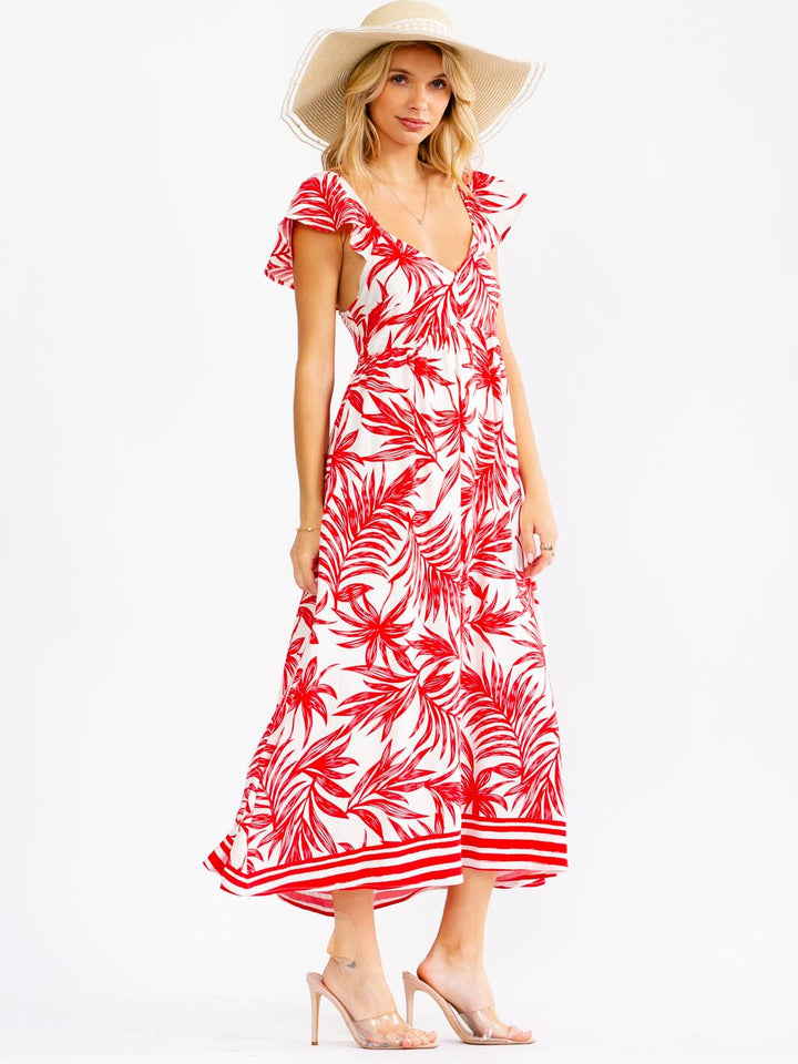 WOMEN'S RUFFLE SLEEVE V-NECK OPEN BACK ELASTIC WAIST LEAF PRINT MAXI DRESS