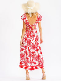 WOMEN'S RUFFLE SLEEVE V-NECK OPEN BACK ELASTIC WAIST LEAF PRINT MAXI DRESS