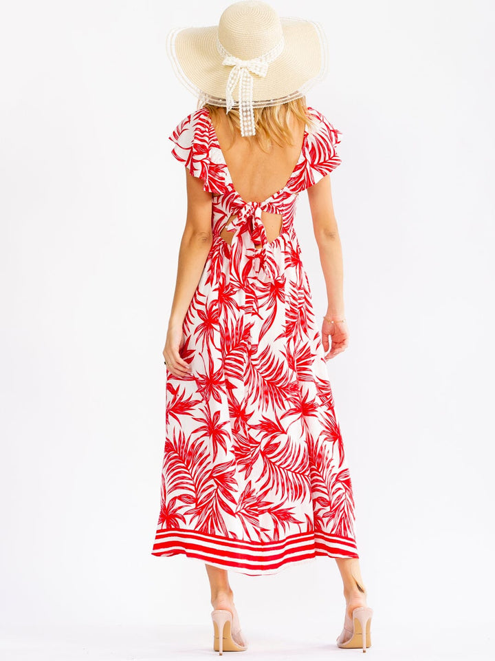 WOMEN'S RUFFLE SLEEVE V-NECK OPEN BACK ELASTIC WAIST LEAF PRINT MAXI DRESS