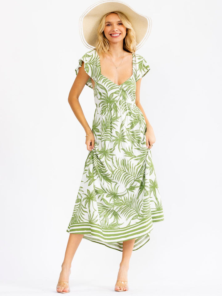 WOMEN'S RUFFLE SLEEVE V-NECK OPEN BACK ELASTIC WAIST LEAF PRINT MAXI DRESS