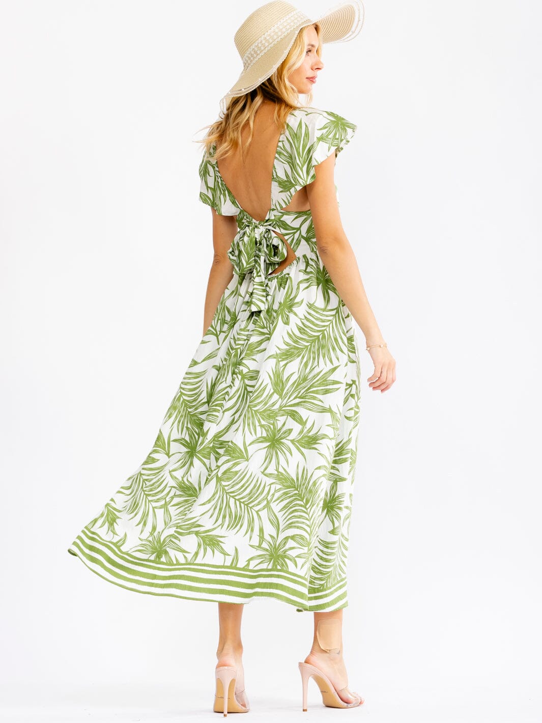 WOMEN'S RUFFLE SLEEVE V-NECK OPEN BACK ELASTIC WAIST LEAF PRINT MAXI DRESS