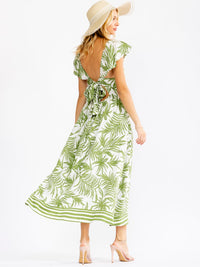 WOMEN'S RUFFLE SLEEVE V-NECK OPEN BACK ELASTIC WAIST LEAF PRINT MAXI DRESS
