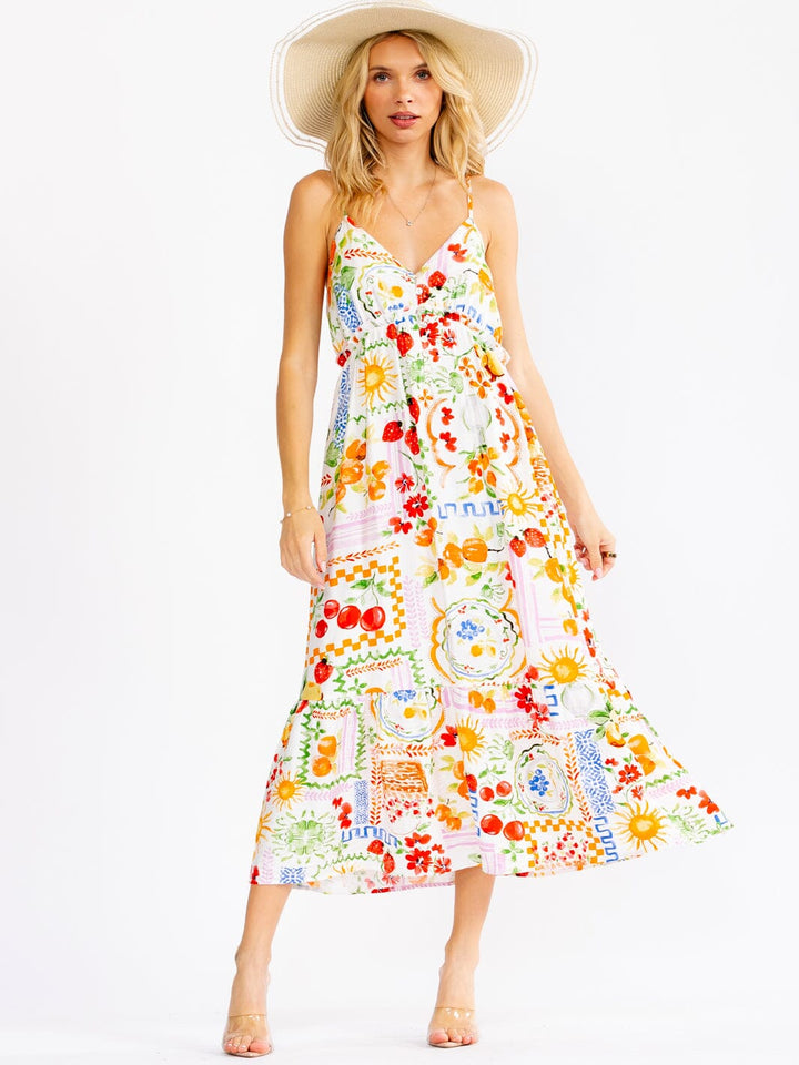 WOMEN'S SLEEVELESS V-NECK BUTTON UP ELASTIC WAIST MULTI PRINT MAXI DRESS