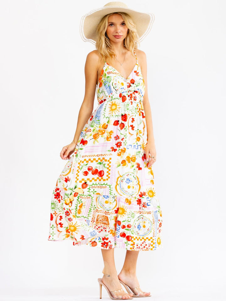WOMEN'S SLEEVELESS V-NECK BUTTON UP ELASTIC WAIST MULTI PRINT MAXI DRESS