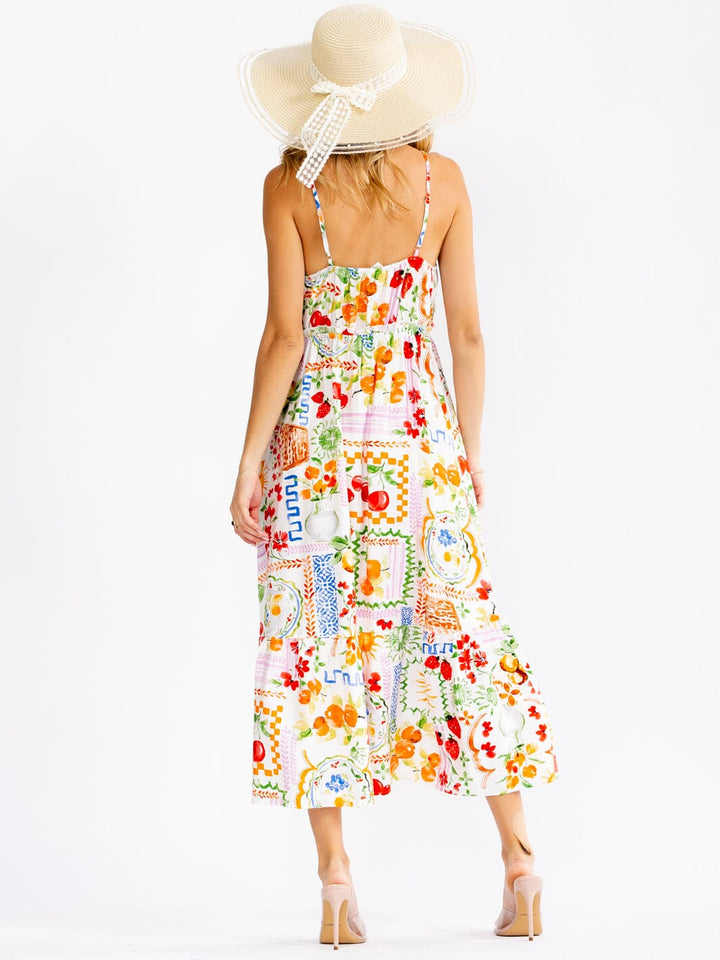 WOMEN'S SLEEVELESS V-NECK BUTTON UP ELASTIC WAIST MULTI PRINT MAXI DRESS