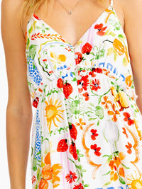 WOMEN'S SLEEVELESS V-NECK BUTTON UP ELASTIC WAIST MULTI PRINT MAXI DRESS